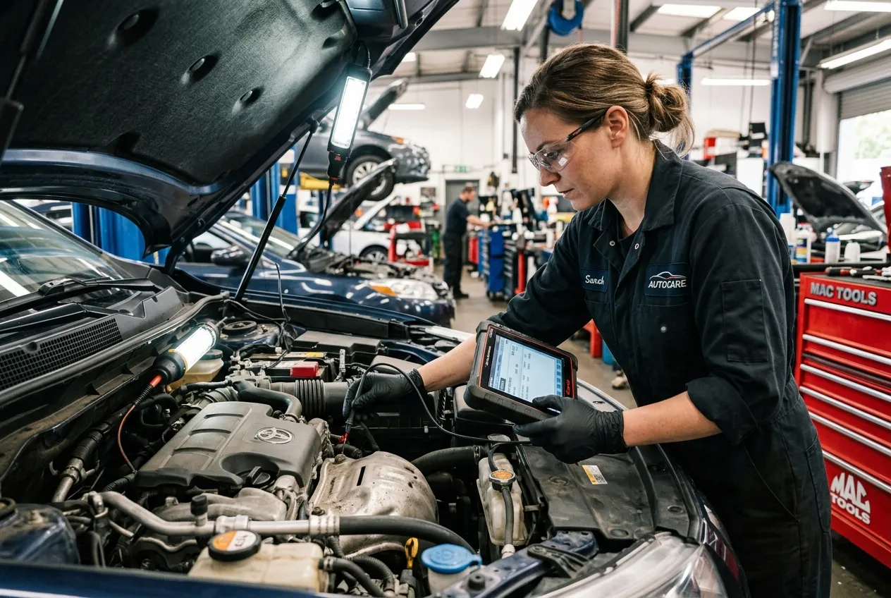 Mechanic inspecting engine bay