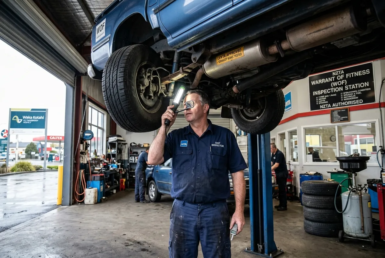 WOF inspection on car lift