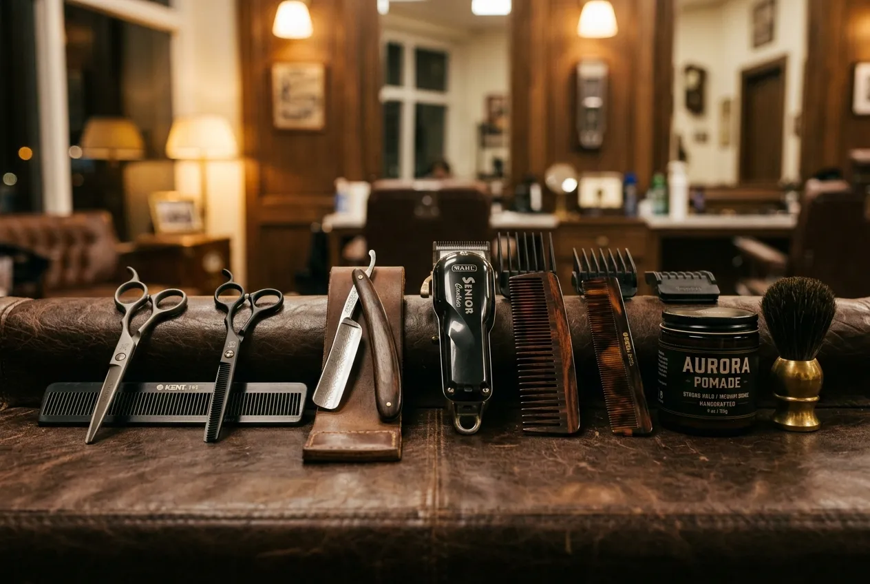 Premium barber tools on leather surface