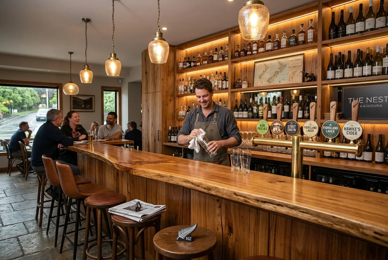 Wooden bar area with warm pendant lighting