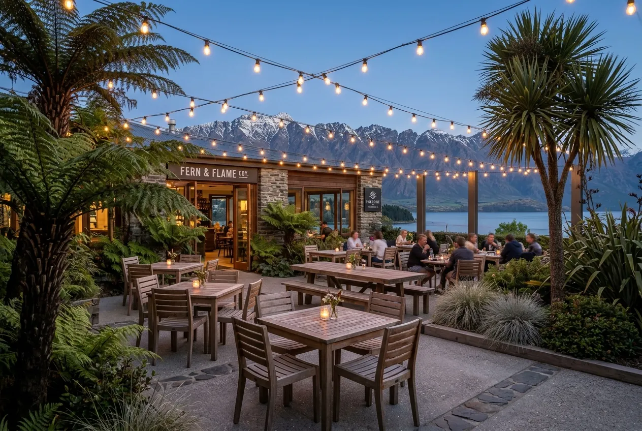 Outdoor courtyard seating area with string lights