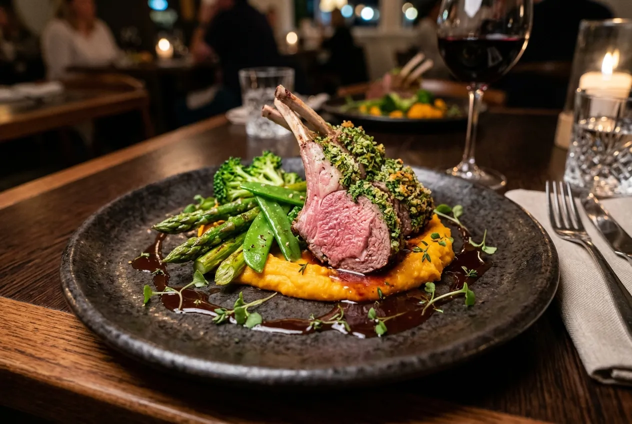 Beautifully plated herb-crusted lamb rack with seasonal vegetables