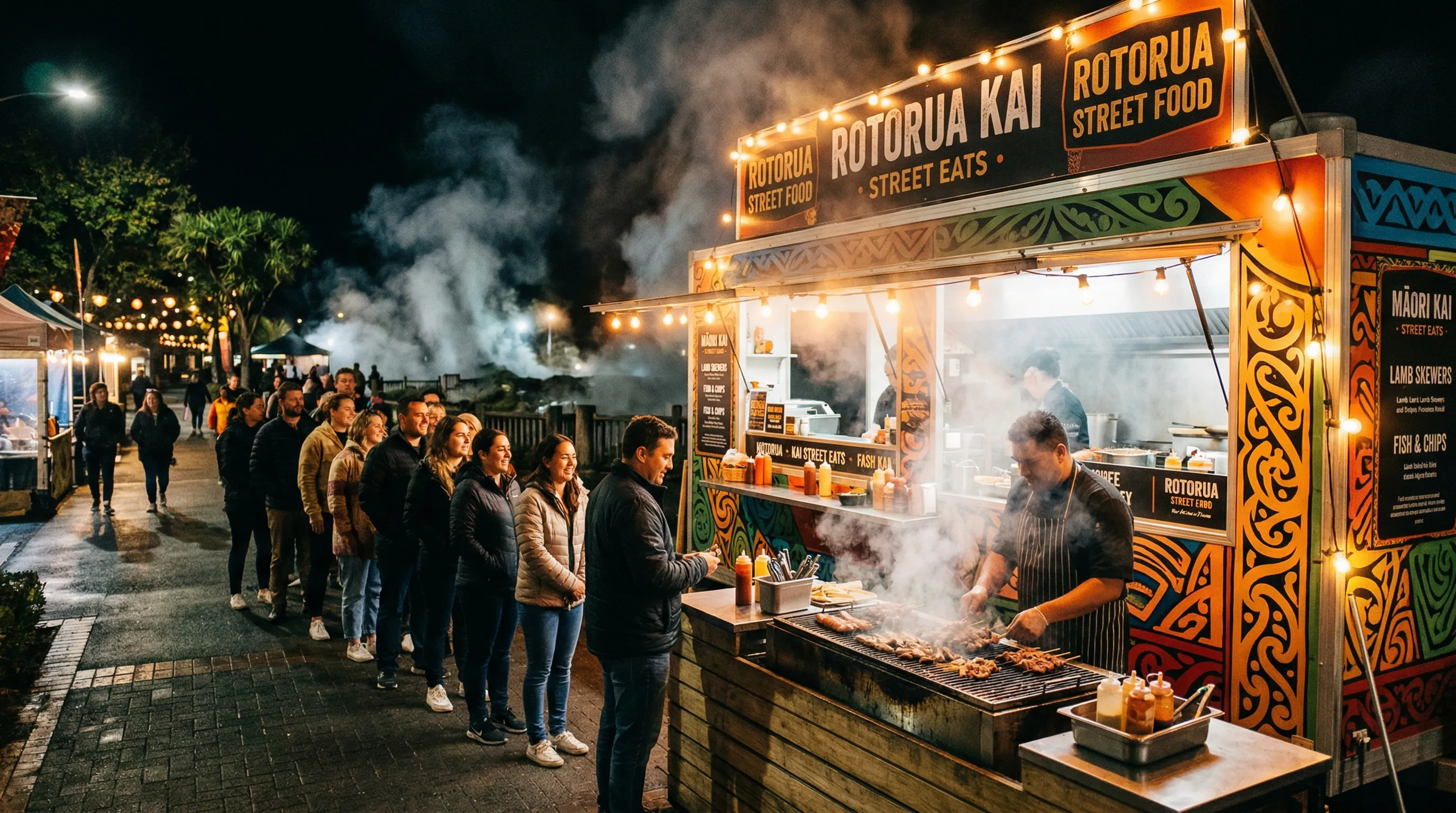 Hāngi & Hops food truck at night with steam and warm lights