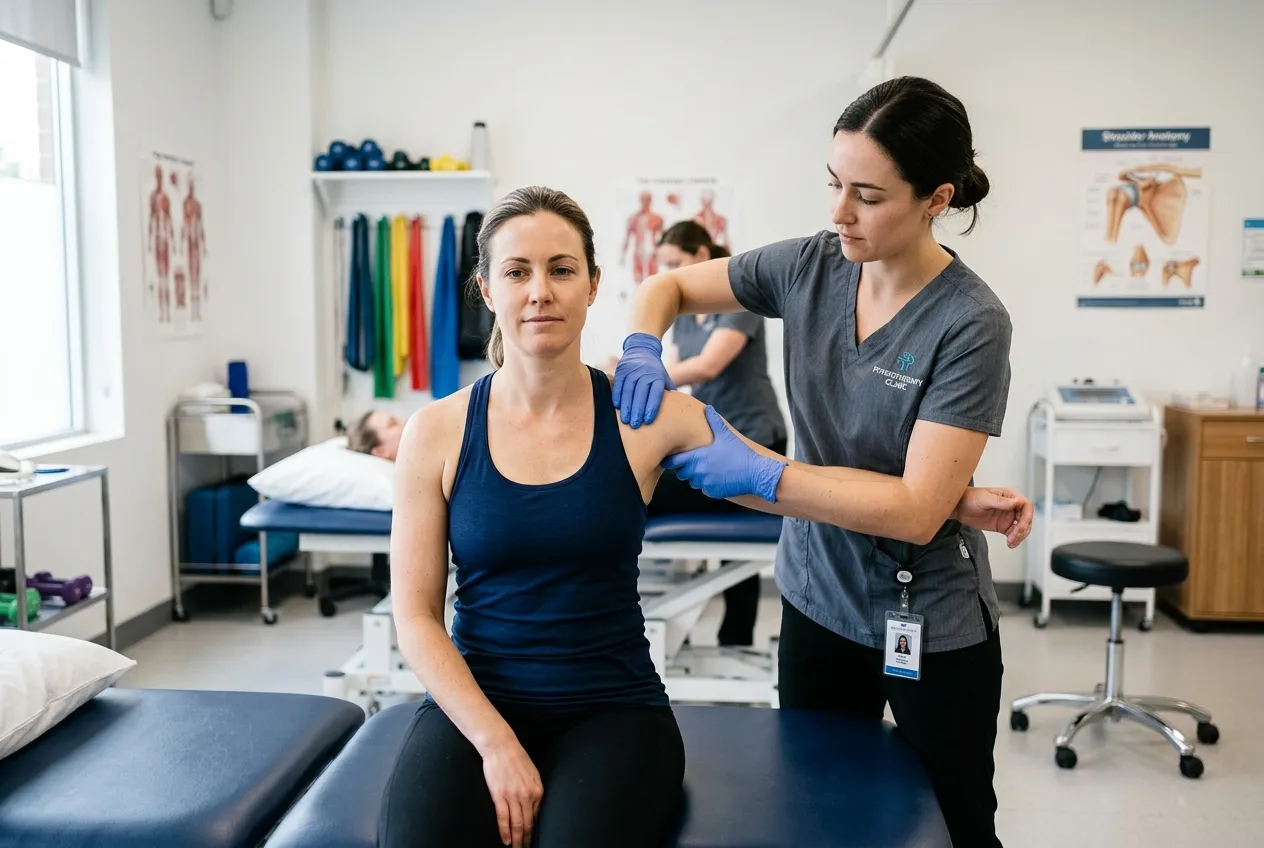 Physiotherapist treating patient shoulder