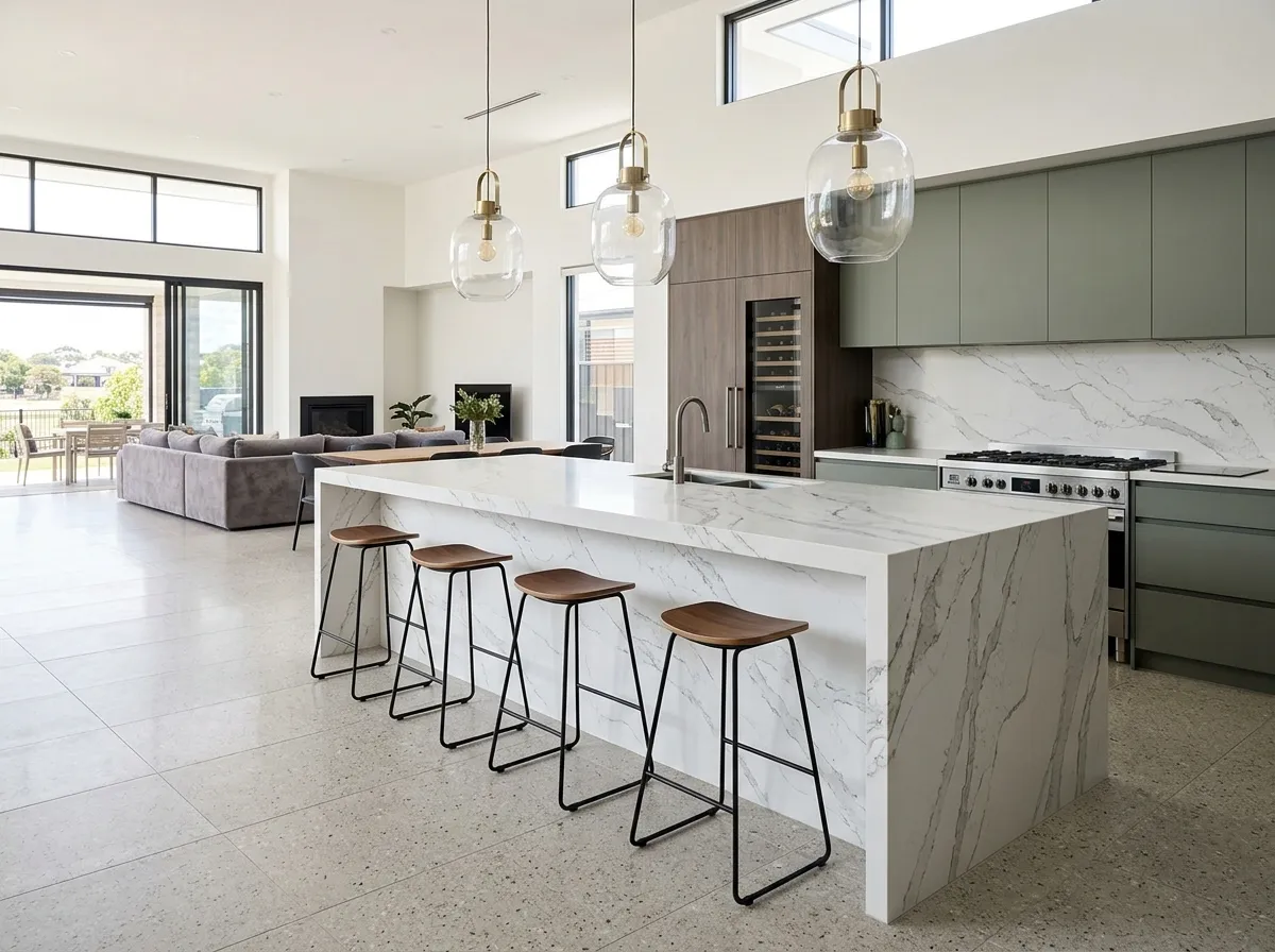 Kitchen island with waterfall edge