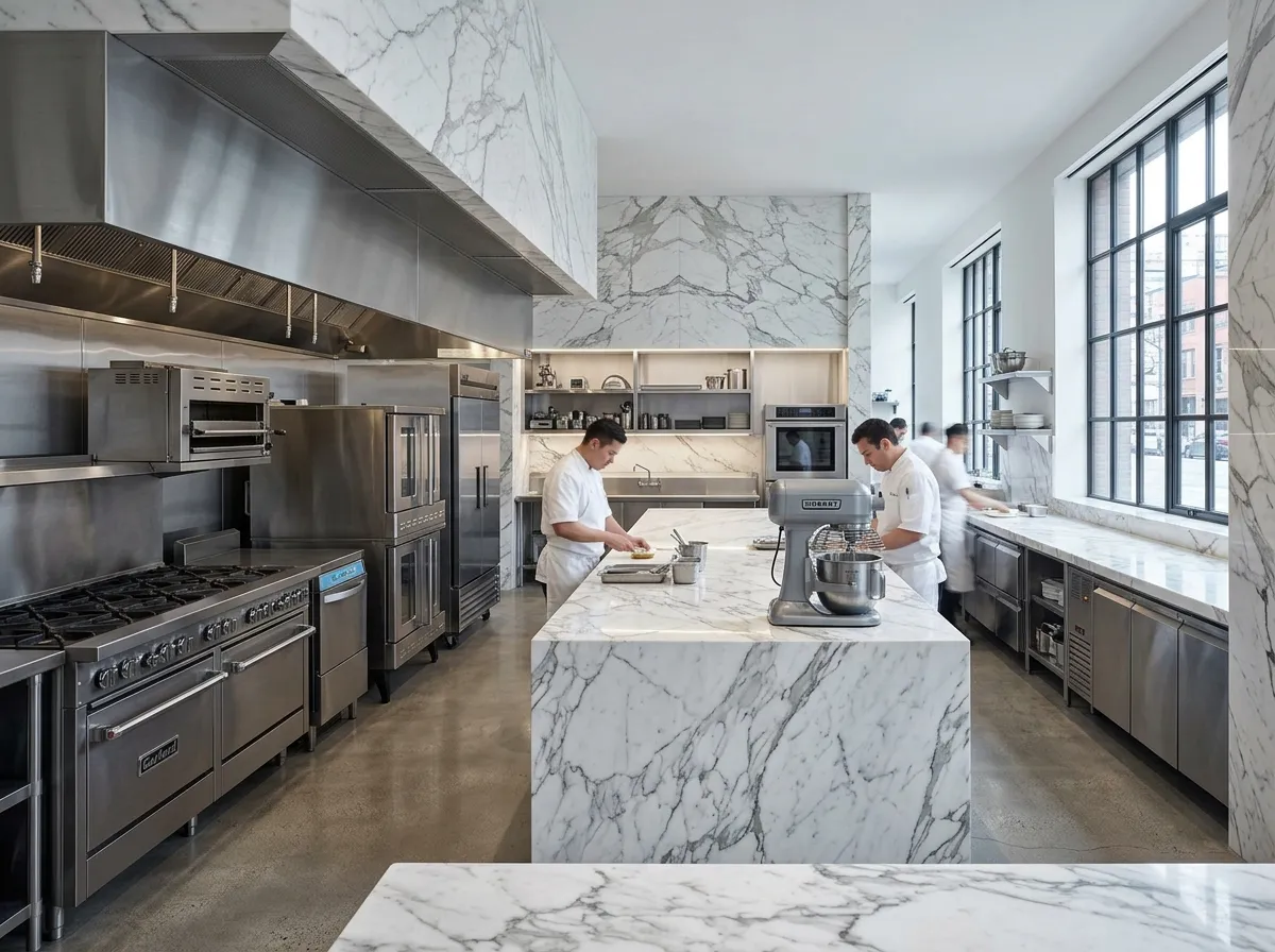Commercial kitchen stone benchtop