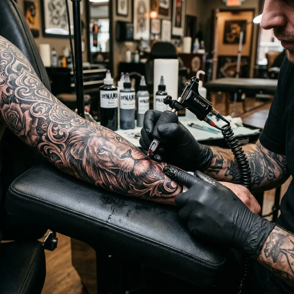 Fresh off the chair. This geometric sleeve took three sessions and was worth every minute.