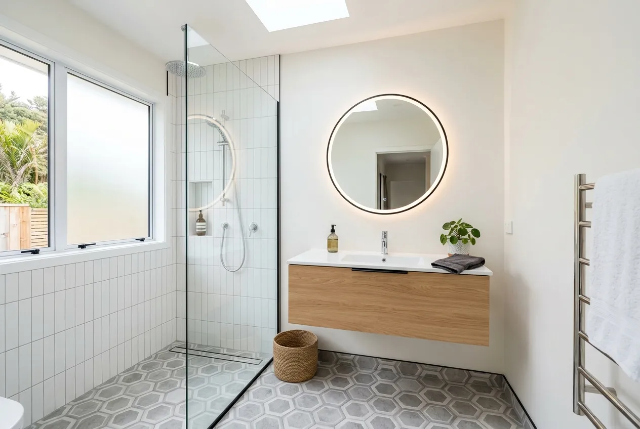 Tiled bathroom with walk-in shower and floating vanity