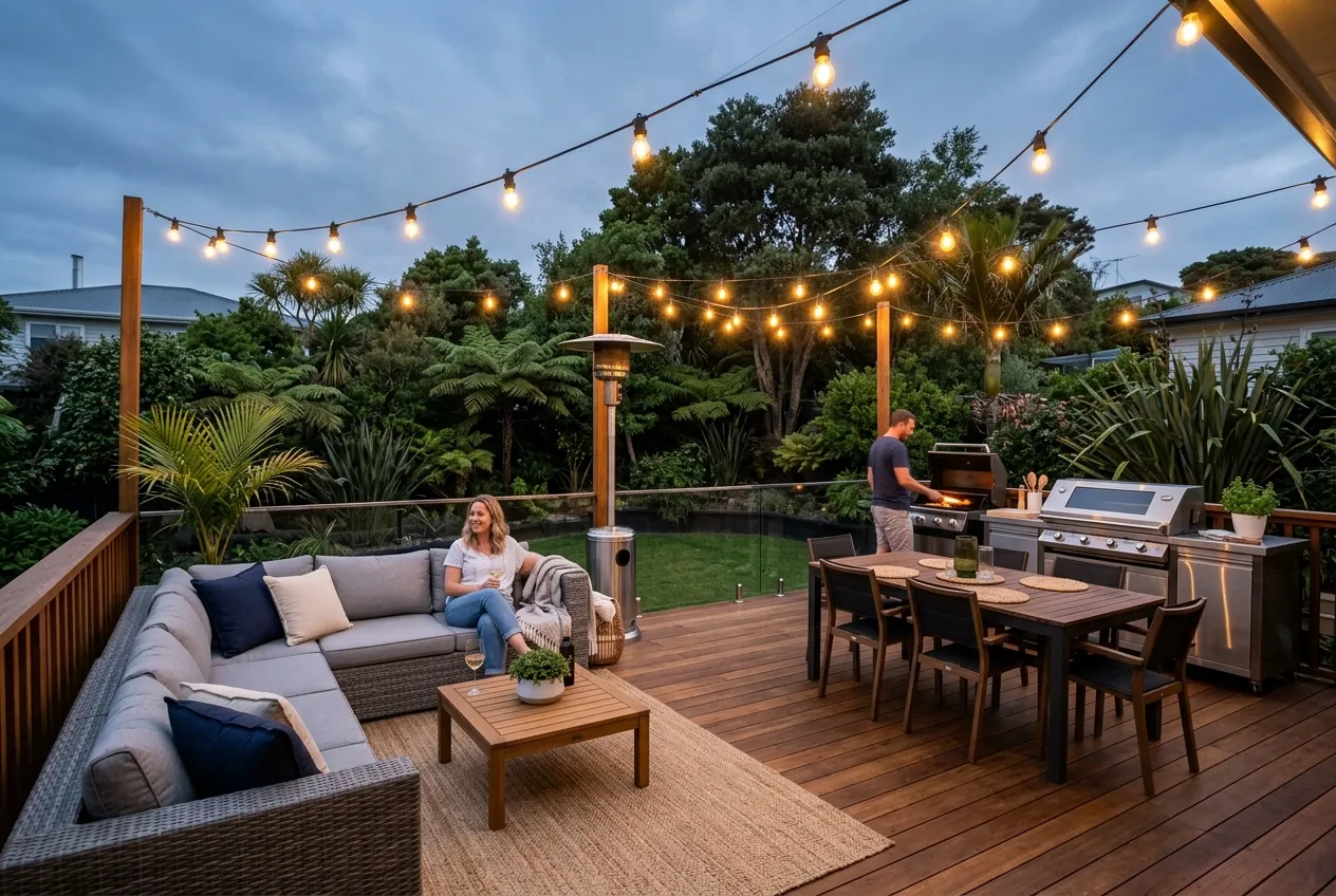 Large timber deck with outdoor seating area