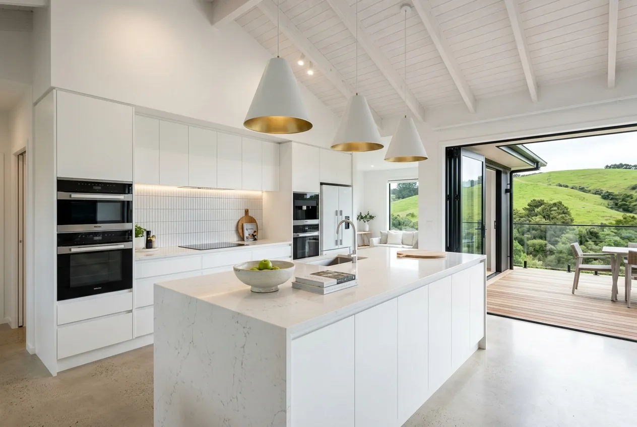 Modern white kitchen renovation with island bench