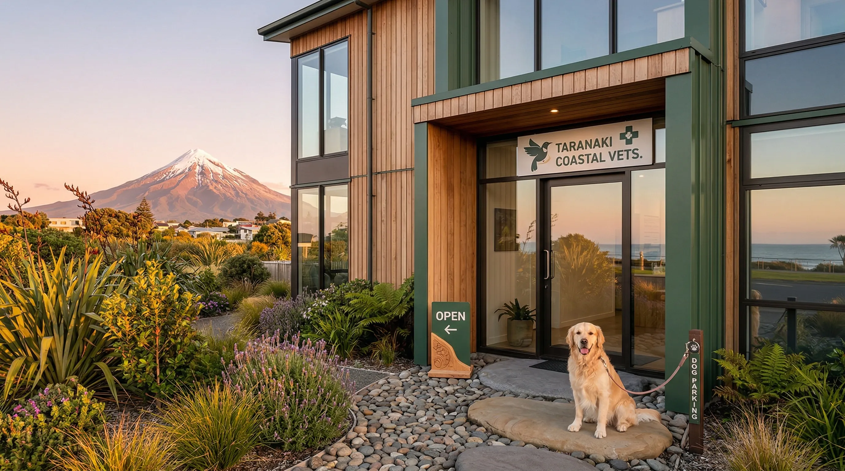 Coastal Vets clinic exterior with dog